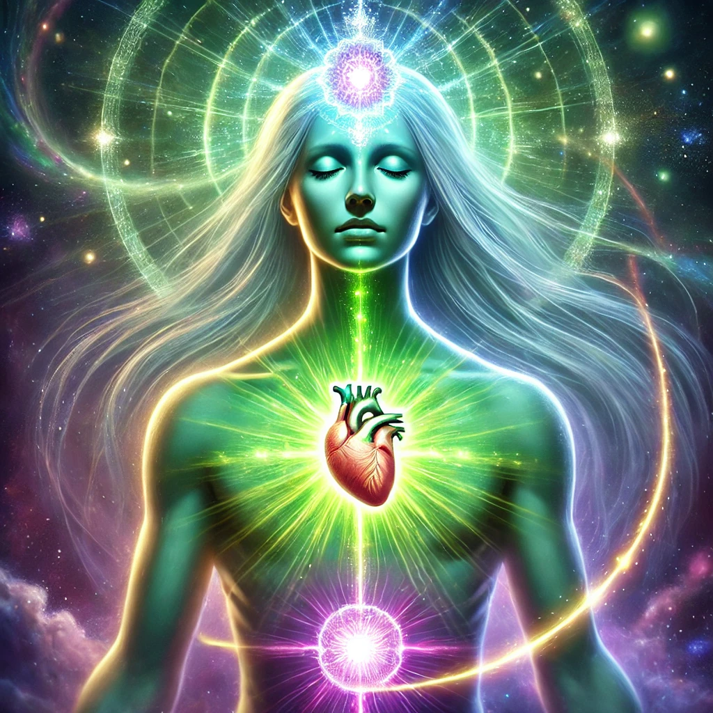 Illustrazione mistica che mostra il Chakra del Cuore e il Chakra della Corona come centri di energia vibrante e luminosa